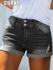 Cross-Border Plus Size Women's Straight Cut Denim Shorts With Pocket Decoration, Mid-Stretch Fabric, Creating A Relaxed And Confident Summer Vibe. - 灰色 - 查看 2