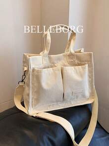 Corduroy Shoulder Tote Bag With Large Capacity And Foldable Design - White - View 2