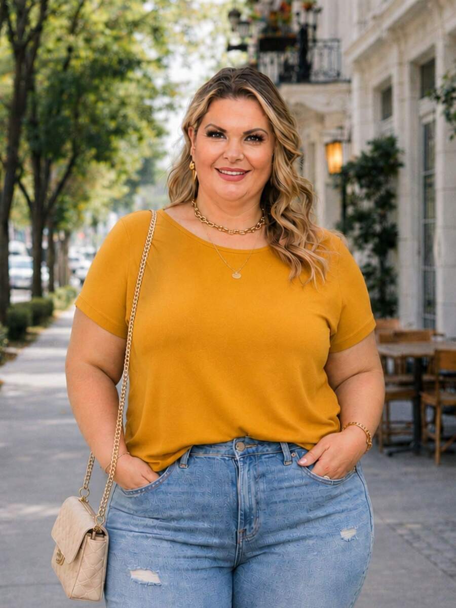 PLUS SIZE PLAIN BLOUSE CASUAL MODERN BASIC CURRENT CONTEMPORARY VISCOLYCRA DAILY WORK - Camel - View 1