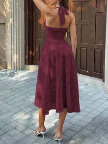 Robe midi d'été Unadoll en jacquard floral, dos nu licou à col V profond avec nœud, fluide, élégante, pour invitée de mariage et soirée - Rouge foncé - Voir 2