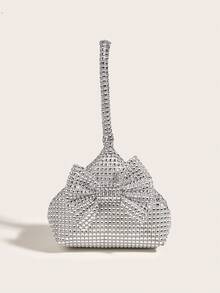 Mini bolso de mano con lazo y decoración de diamantes de imitación, elegante bolso de noche tipo clutch para vestidos formales - Plateado - Ver 1