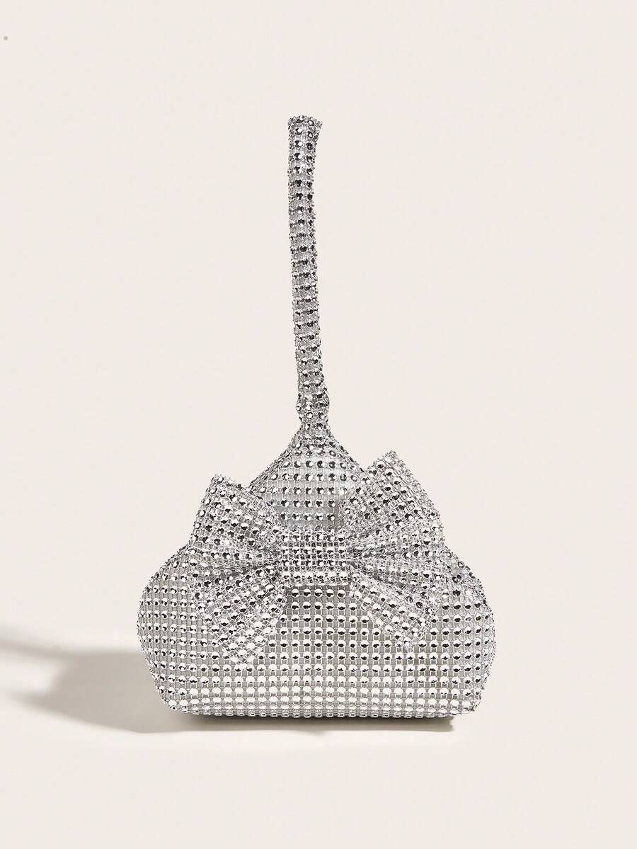 Mini bolso de mano con lazo y decoración de diamantes de imitación, elegante bolso de noche tipo clutch para vestidos formales - Plateado - Ver 1