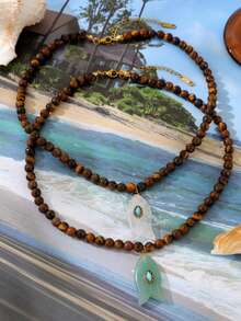 1pc High-Quality Summer Bohemian Style Jewelry, Exquisite Fashion Unique Brown Tiger Eye Stone Bead Chain Necklace, With Natural Stone Fish, Asymmetrical Pearls And Pig Nose Clasp. Chunky Jewelry Beaded Necklace, Perfect For Women To Wear At Music Festivals, Outings, Daily, Parties And Casual Activities. This Elegant Creative Women's Jewelry Necklace Made Of Tiger Eye Stone And Natural Stone Materials Is An Excellent Gift For Partners Or Sisters. - Multicolor - View 9
