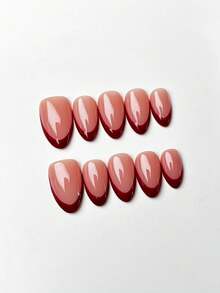 10pcs Handmade Almond-Shaped Acrylic Press-On Nails, Short Length, Minimalist Pink Nails, Red French Tip Nails, Fake Nail Tips, Gentle Cool Elegant Simple Winter Nails, Autumn Press-On Nails, Suitable For Valentine's Day Party Daily Date - Red - View 3