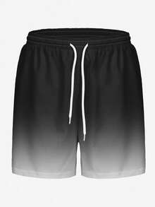 Men's Plus Size Black & White Gradient Print Unlined Drawstring Elastic Waist Slanted Pocket Casual Vacation Hawaiian Beach Shorts - Multicolor - View 2