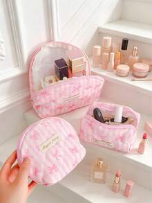 Pink Bow Cosmetics Bag Large Capacity Makeup Bag Portable Coin Wallet Zipper Coin Purse Small Items Storage Pouch Strip Pattern Lipstick Earbuds Bag - Multicolor - View 3
