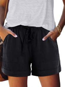 Women's Casual Shorts With Adjustable Drawstring, Elastic Waistband, Solid Color, Lightweight, For Summer Beach, With Pockets - 黑色 - 查看 1