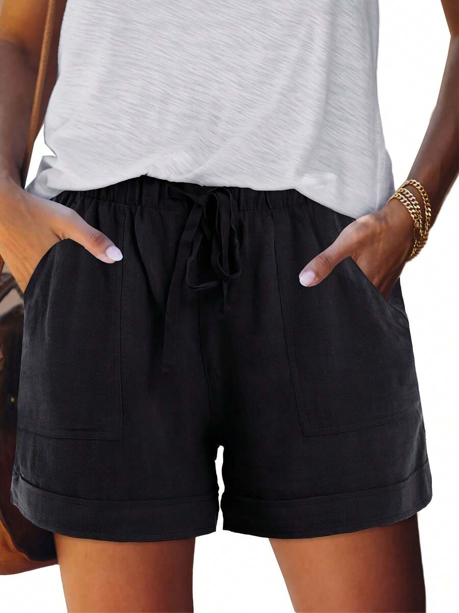 Women's Casual Shorts With Adjustable Drawstring, Elastic Waistband, Solid Color, Lightweight, For Summer Beach, With Pockets - 黑色 - 查看 1