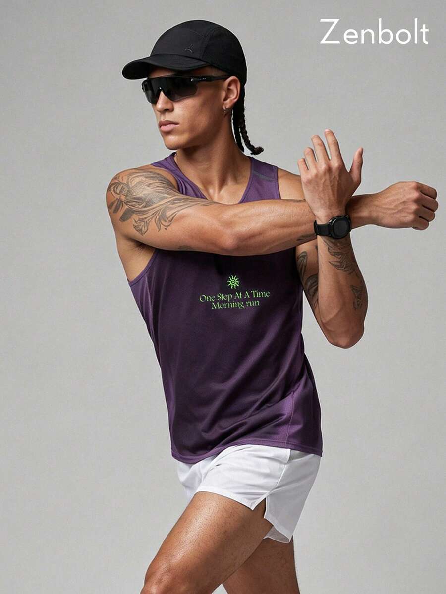 Camiseta de tirantes deportiva Zenbolt para hombre con cuello redondo, detalles de estampado degradado y patrón de letras - Morado - Ver 1