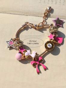 1pc Leopard Print Bow & Heart Charm Bracelet, Leopard Print DIY Bracelet, Leopard Print Star Bracelet, Pink Star Bracelet - Gold - View 8