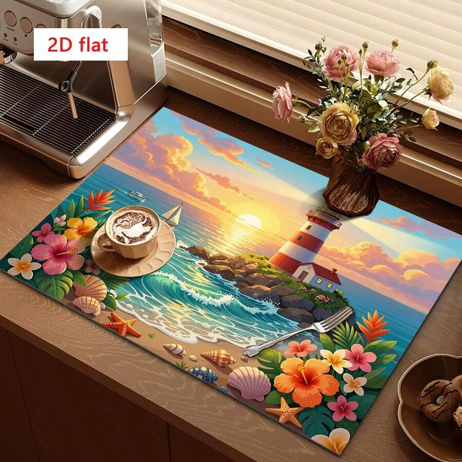 1pc Dish Drying Mat, Coffee Machine Mat, Seaside Sunset Lighthouse Sailboat Print With Tropical Floral Shell Starfish Pattern, Durable Absorbent Polyester Fiber Draining Mat, Suitable For Dining Table, Cafe And Other Scenes, Multipurpose Drainage Mat, Home Gift, Tabletop Decoration
