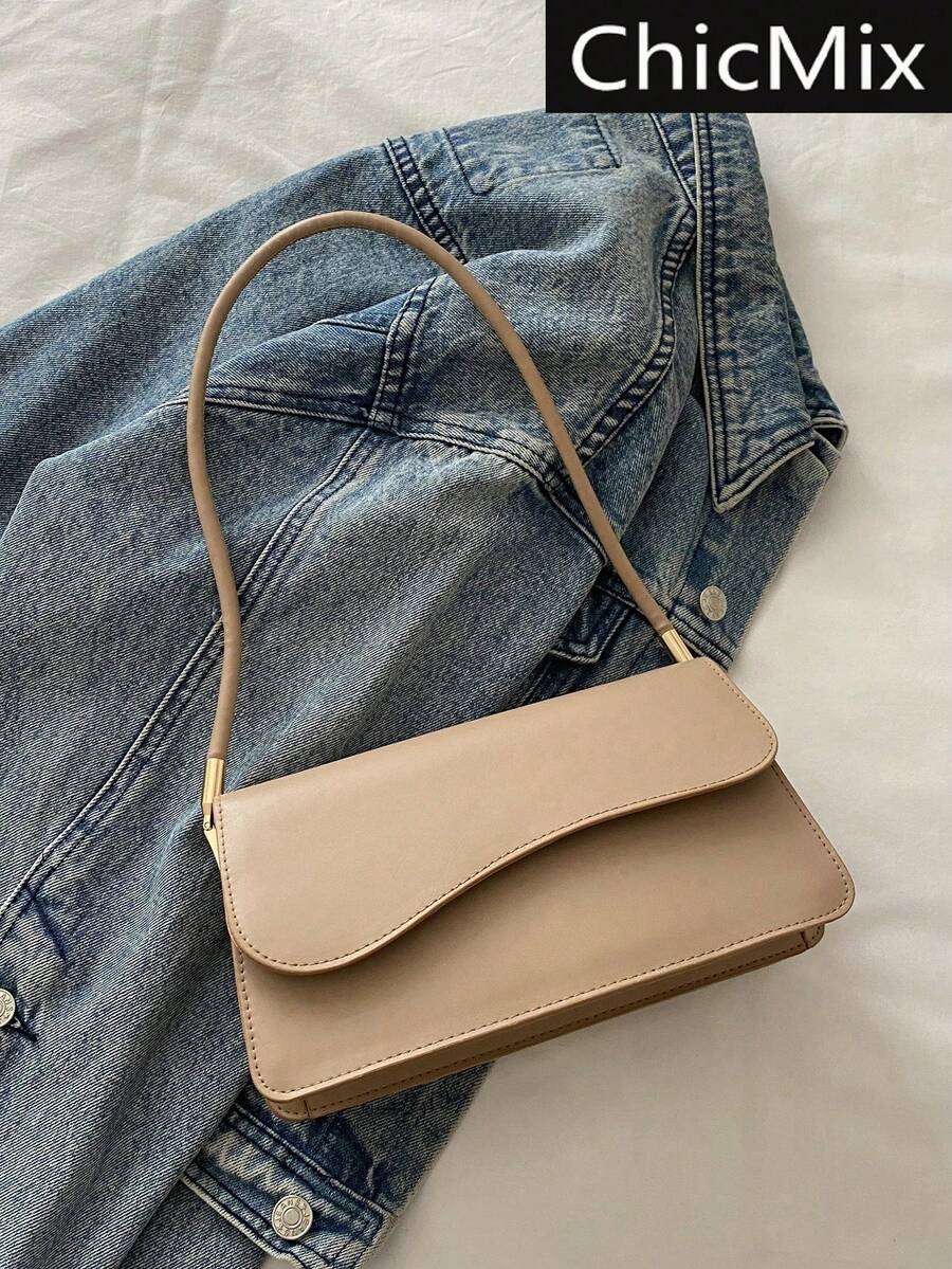 White Baguette Shoulder Bag With Wavy Flap, Women's Faux Leather Casual Handbag, Elegant Bag For Everyday Outings And Special Occasions, Summer Fashion - 杏色 - 查看 1