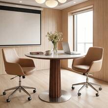 Tribesigns 31.5-Inch Round Conference Table For 2-4 People, Small Wood Meeting Room Table With Thickened Sintered Stone Tabletop And Stainless Steel Base (White + Walnut) - White and Dark Walnut - View 10