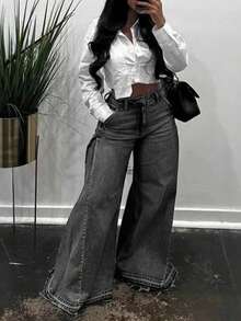 Pantalones vaqueros de pierna ancha para mujer, cintura alta, acampanados, pantalones de mezclilla holgados, jeans con dobladillo deshilachado, ropa casual de calle - Gris Oscuro - Ver 1