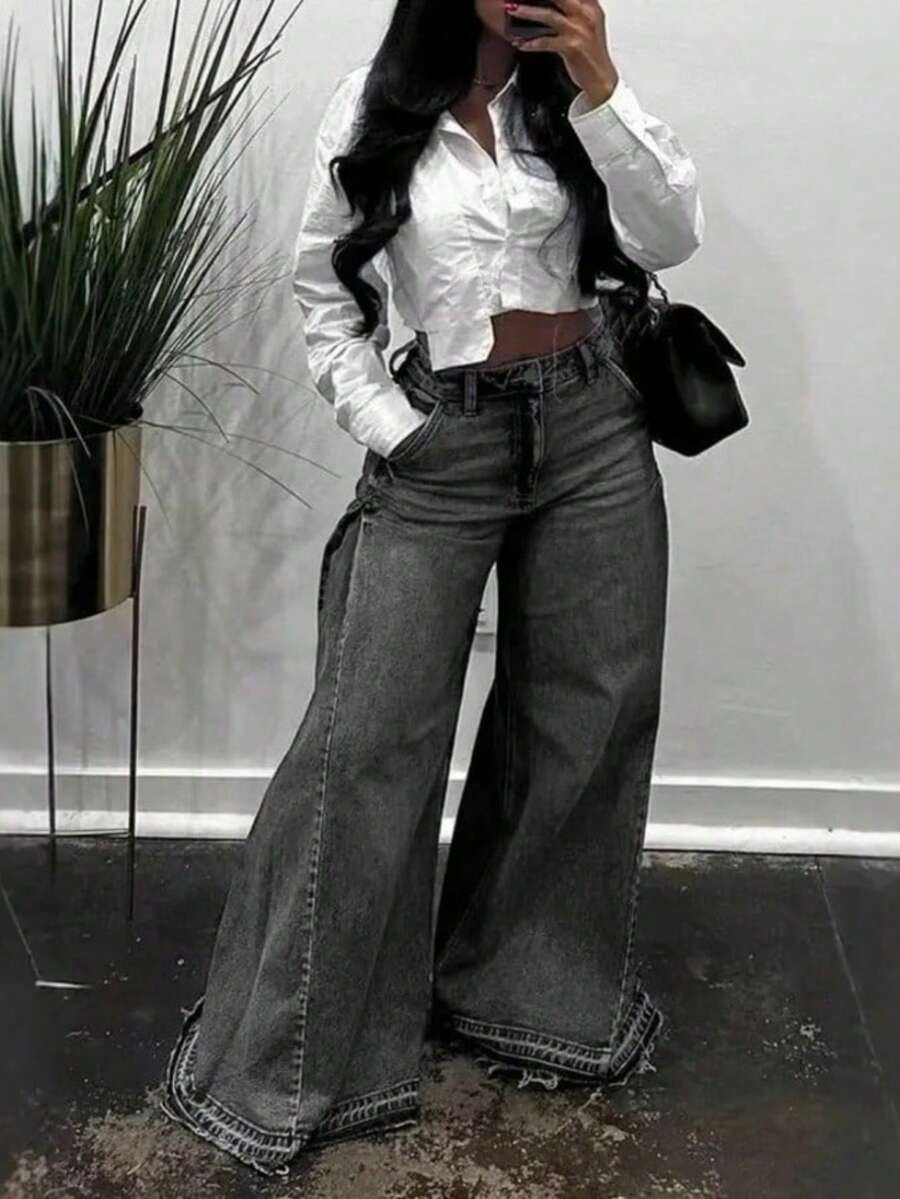 Pantalones vaqueros de pierna ancha para mujer, cintura alta, acampanados, pantalones de mezclilla holgados, jeans con dobladillo deshilachado, ropa casual de calle - Gris Oscuro - Ver 1
