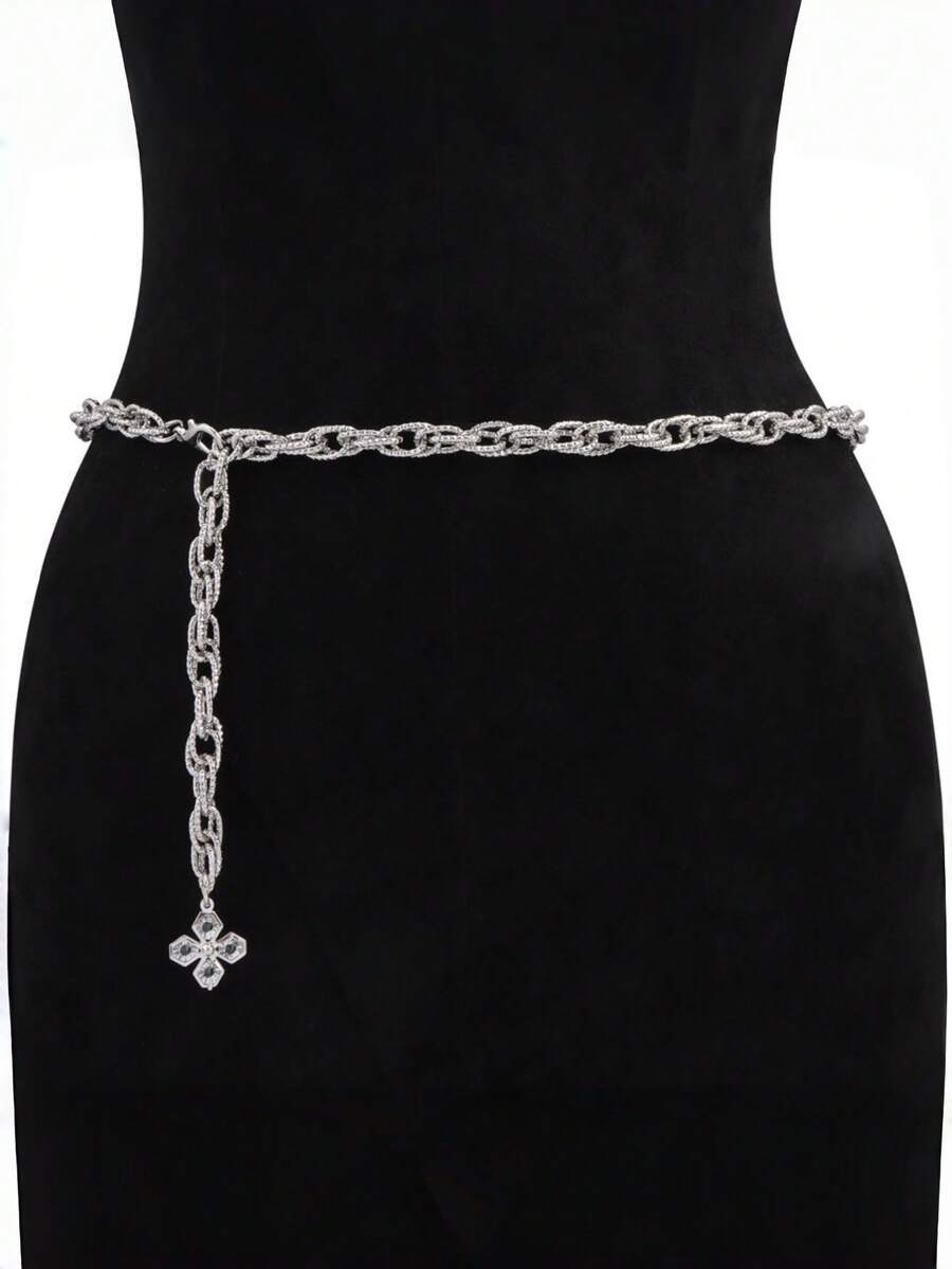 1pc Silver Crystal Cross Pendant Women's Waist Chain, Elegant Y2K Style Waist Decor Party Accessory, Body Chain Acrylic Rhinestone Waist Chain - Multicolor - View 1