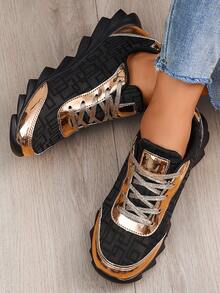 Women's Casual Sports Lightweight Chunky Sneakers Colorblock Versatile Running Shoes - Black - View 3
