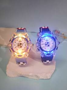 2pcs Boys Gift Set Silicone Strap Soccer Sports Watch Creative Design LED Luminous Student Quartz Wristwatch Adjustable Braided Rope Soccer Bracelet - Blue - View 9