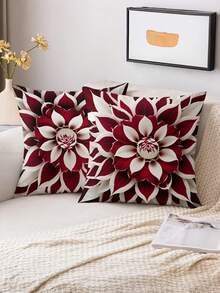 Juego de 1/2/4 fundas de almohada con estampado plano 2D para primavera/verano, con patrones florales en contraste de color burdeos y tonos. Sin bordado real, con impresión de un solo lado, sin rellenos de almohada incluidos. Adecuado para sofá y sala de estar - Rojo y blanco - Ver 6