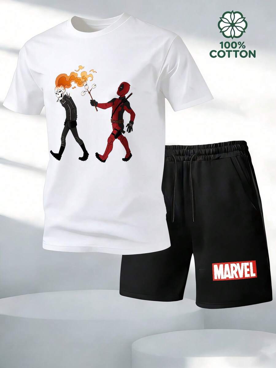 Deadpool And Ghost Rider Summer Holiday Outfits Cotton T-Shirt And Shorts Set Marvel Superhero Graphic, Streetwear Casual Clothes For Men Summer - 白色 - 查看 1