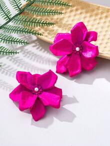 Korean Style Atmospheric Faux Flower Stud Earrings, Daily Versatile Elegant Rose Red Petal Earrings - Hot Pink - View 6