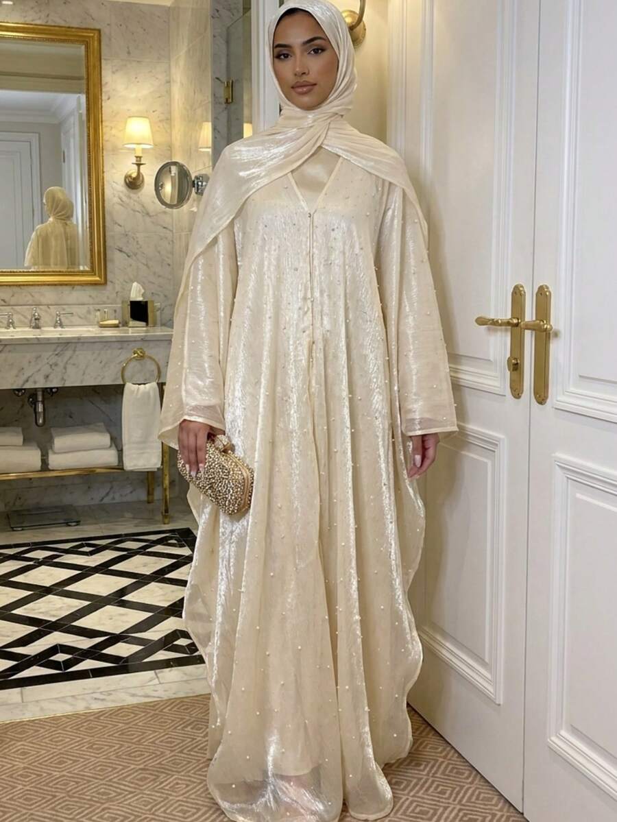 Elegant Women's Cream Batwing Sleeve Robe, Decorated With Pearls ...