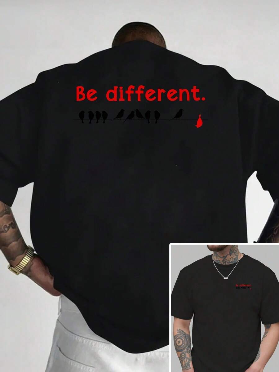 Única y fuera de lo común, la nueva camiseta de cuello redondo para hombre con estampado a doble cara una prenda holgada, casual, deportiva, moderna y a la moda para estudiantes y adolesc - Negro - Ver 1