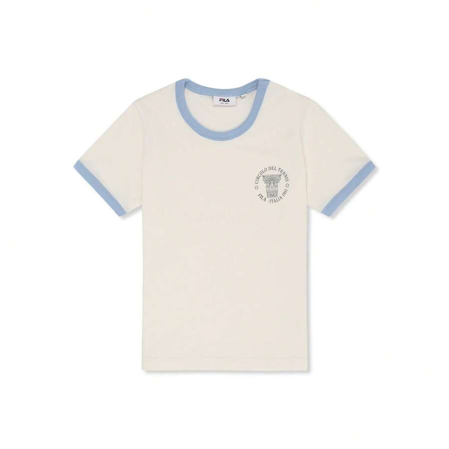 FILA Women's Round Neck T-Shirts, Marlia Regular Graphic Ringer T-Shirt, 100% Organic Cotton, Short Sleeve, Regular Fit, Chest Print And Embroidered Logo - Off-white - View 1