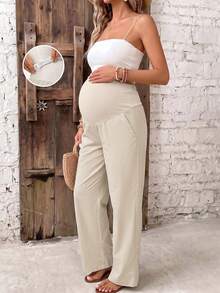 Fashionable Maternity Wide Leg Pants, With Adjustable Drawstring And Pockets, Long Woven Fabric, Comfortable And Stylish For Daily Wear - Khaki - View 7
