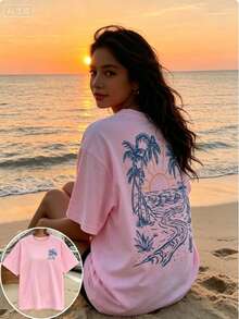Plus Size Pink Beach Scene Print Short Sleeve Round Neck Tee Casual Summer Loose Fit Top For Vacay - 粉色 - 查看 15