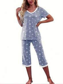Capri Pajama Set For Women With Short Sleeve V-Neck Top And Shorts With Pockets. - Blue - View 2