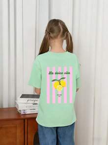 Kaos Pullover Lengan Pendek Leher Bulat Motif Grafis Lucu Kasual untuk Anak Perempuan Remaja Musim Panas - Mint Green - View 3