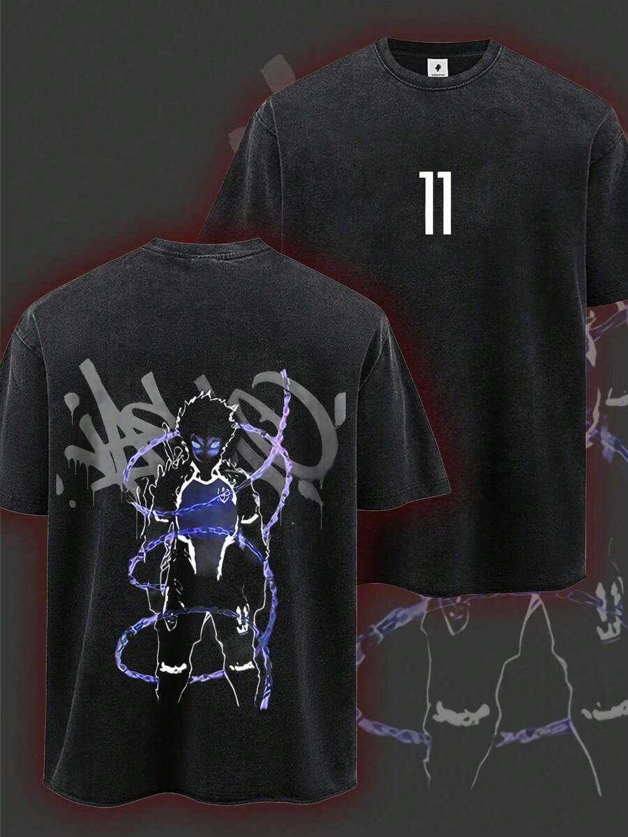 el anime, estilo casual urbano y para convenciones, un regalo ideal para entusiastas del anime, material duradero, mangas cortas, cuello redondo, estampado geométrico, talla grande, cosplay. - Negro - Ver 1