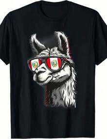 Gafas de Sol con Retrato de Alpaca Peruana, Bandera Peruana, Orgullo Peruano, Camiseta Unisex de Algodón 100% de 220g de Peso Pesado - Camiseta de Algodón Puro de Alta Calidad de 220g con Es - Negro - Ver 1