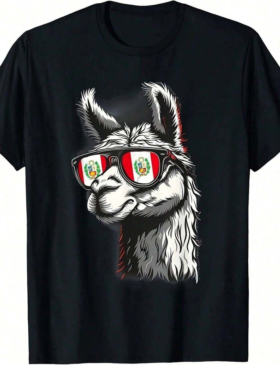 Gafas de Sol con Retrato de Alpaca Peruana, Bandera Peruana, Orgullo Peruano, Camiseta Unisex de Algodón 100% de 220g de Peso Pesado - Camiseta de Algodón Puro de Alta Calidad de 220g con Es - Negro - Ver 1