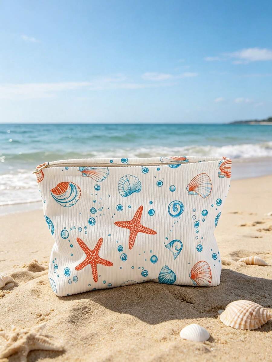 1pc Portable Cosmetic Storage Bag, Seashell & Starfish Ocean Series Pattern, Double-Sided Printed Travel Zipper Makeup Pouch, Multi-Functional Toiletry Organizer - Multicolor - View 1