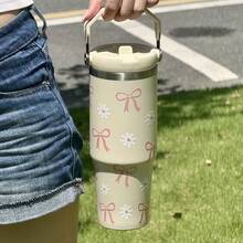 1個甜粉色蝴蝶結與雛菊不鏽鋼旅行杯，大容量長效保溫鎖溫吸管杯，柔和奶色調，溫柔療癒，握感舒適，方便攜帶，適合返校、萬聖節、聖誕節、送禮、日常通勤、開車、戶外、健身、全場景使用，網紅水壺，送給女孩與好友的溫馨節日禮物，真空保溫瓶與隔熱瓶，杯子，冷熱保溫瓶，附蓋與吸管杯，水壺，水杯，旅行杯 - 彩色 - 查看 4