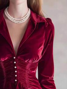 Women's Elegant Vintage Lapel Lantern Sleeve Pleated Ruffle Asymmetrical Fitted Velvet Open Front Top, Solid Color, Casual & Date, Autumn/Winter - Red - View 2