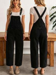 Women's Black Denim Overalls With Straps, Cargo Pockets, Long Length, Elegant & Vintage Style Jumpsuit For Fall - Black - View 1
