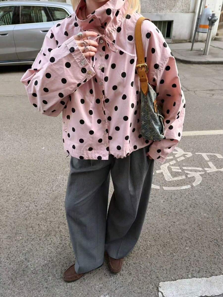 Seelio 春夏新款女裝時尚圓點襯衫外套,百搭學院風,長袖立領度假款 - 粉紅色波點 - 查看 1