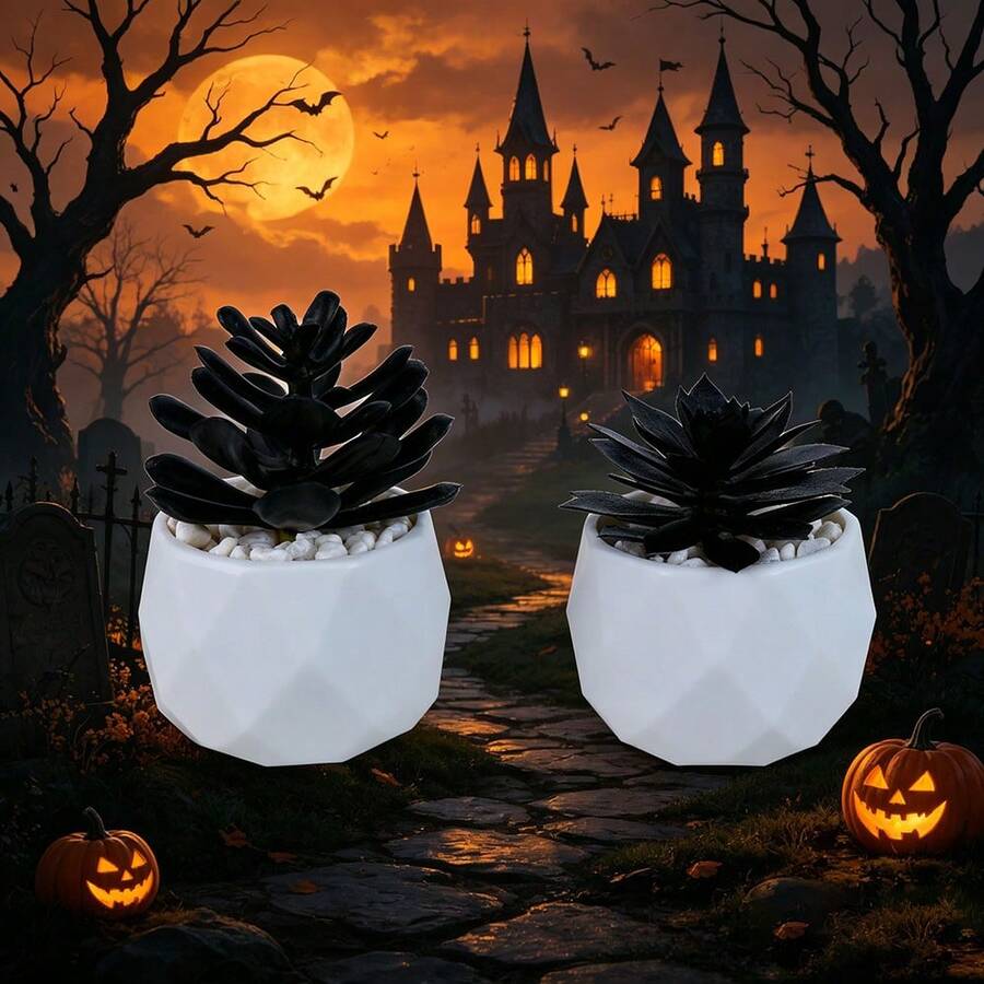 1/2pcs Halloween Miniature Potted Plants - Black Succulent Bonsai & Faux Plastic Succulent Planters (Home Decor Series) - Holiday Decorations - Black - View 1