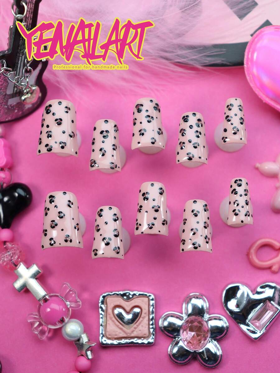 10Pcs Y2K Cute Duck Shaped Full Cover Press On Nails,Solid Pink Tone,Leopard Prints & Sparkly Glitter Punk Style Artificial Nail Set,Nice Holiday Gift For Girls&Women To Wear At Daily,Parties And Festive Events Nail Supplies