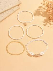 Juego de tobilleras casuales estilo oceánico, combinacióde cuentas de arroz, conchas y estrellas de mar en oro blanco, joyerípara pies de mujer, estilo de vacaciones de nicho adecuado - Multicolor 2 - Ver 2