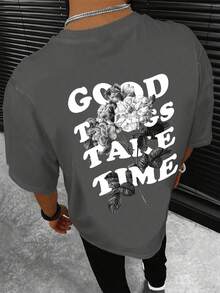 Camiseta de manga corta para hombre, con estampado floral y de letras, para primavera, verano y otoño, cómoda y casual, adecuada para salidas informales y vacaciones,% poliéster, l - Negro - Ver 9