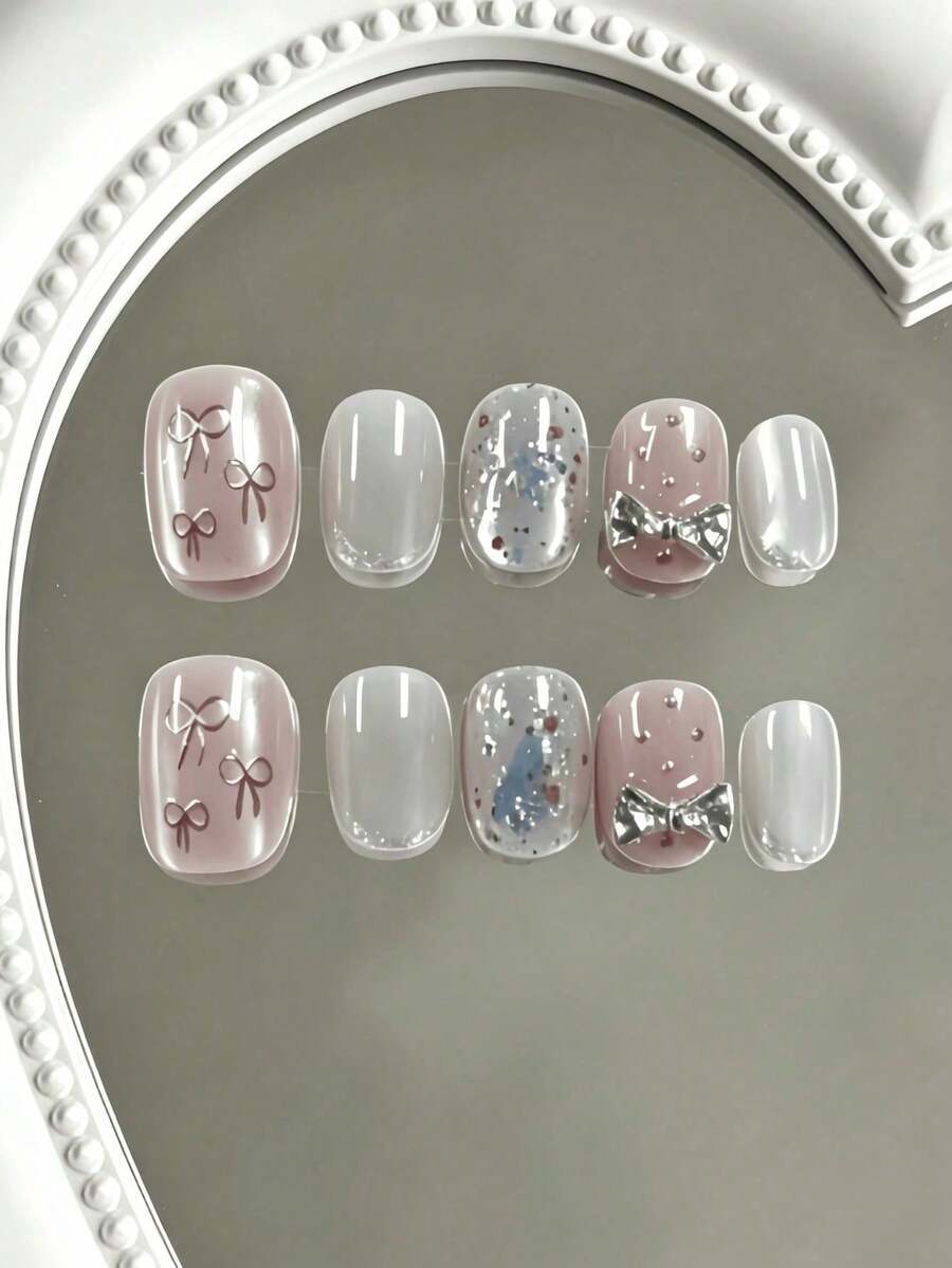 10片手工杏仁形全覆蓋穿戴式假指甲，粉棕色蕾絲法式甜美風，蕾絲蝴蝶結與波點圖案，法式弧線配3D蝴蝶結工藝，適合女孩，夏季度假與畢業季，約會、生日派對及日常配戴，附果凍膠與指甲銼條 - 西瓜粉 - 查看 1