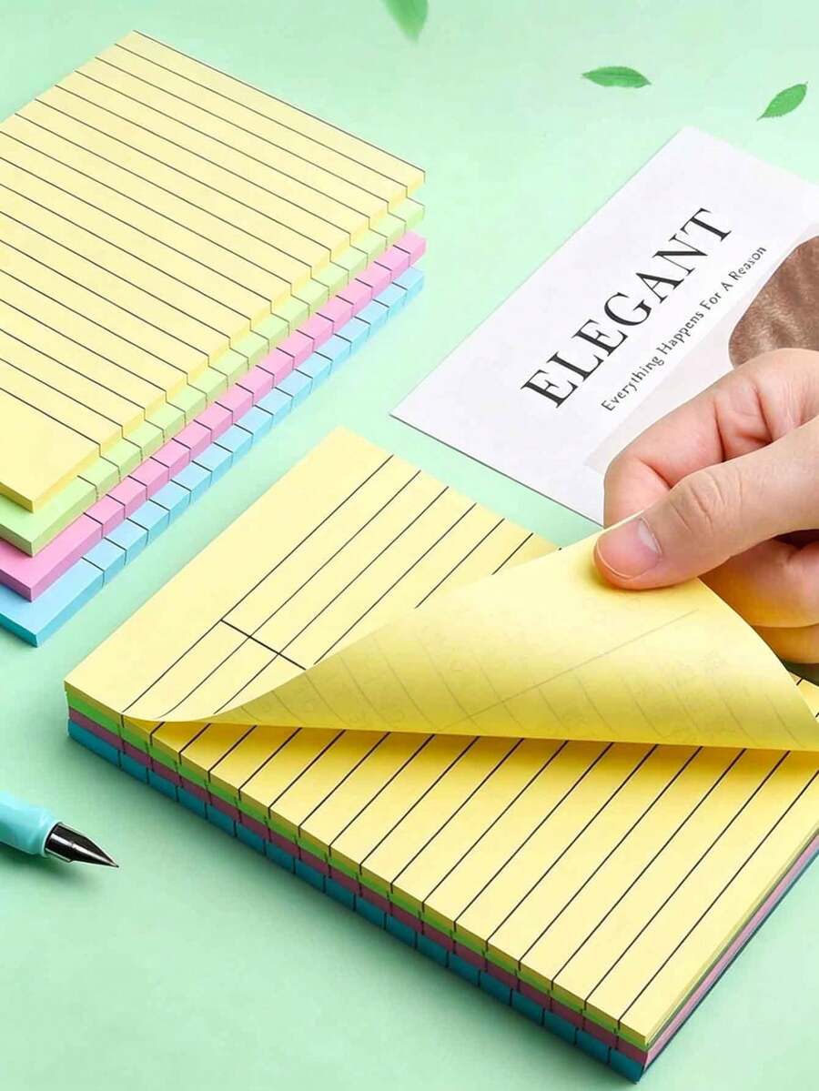 2pcs/1pc Lined Sticky Notes, 4 Colors Mixed 100 Sheets/Book, Portable Student Note Marking Sticky Note Pad, Self-Adhesive Easy To Use, Suitable For Office, Home, School, Office Assistant, Study Supplies, Back To School Essential, Dormitory Essential - 10*15.2cm - View 1