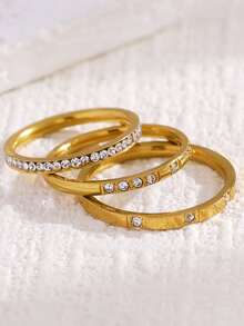 3pcs Stainless Steel Fashionable Luxury Exquisite Ring Set, High-End Design, Elegant Elegant Jewelry For Women, Suitable For Daily Wear, Parties And Dates, Perfect Gift For Family And Friends - Yellow Gold - View 3