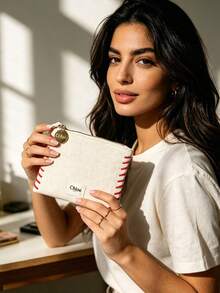 Chloé Fine Sewing Craft Fabric Makeup Pouch Luxury Plain Design For Party Daily Outfit CHLOE-GIFT-13 - Champagne - View 5