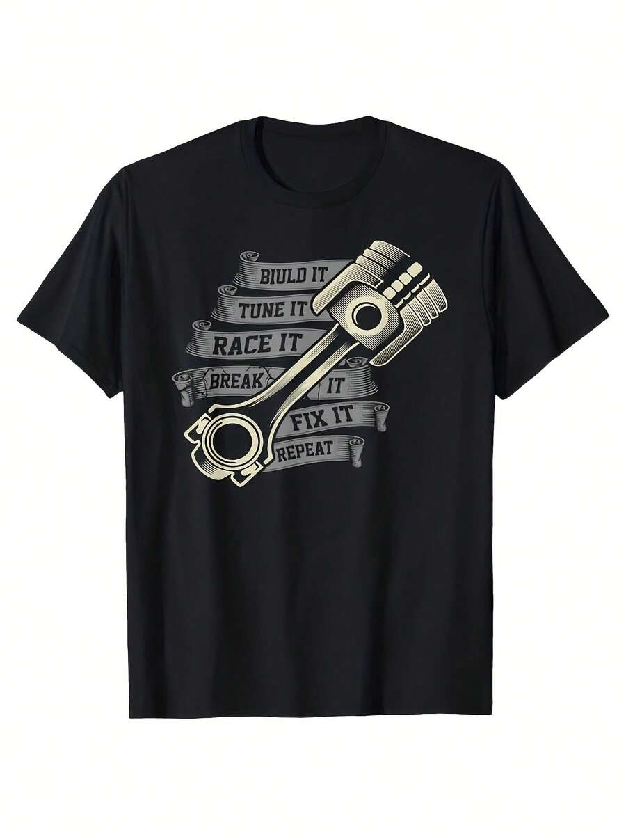 Camiseta% con temática automotriz para hombre - Diseño vintage deécnico con motivos de coches y carreras, corte holgado, ropa urbana transpirable, adecuada para entusiastas de los coch - Negro - Ver 1