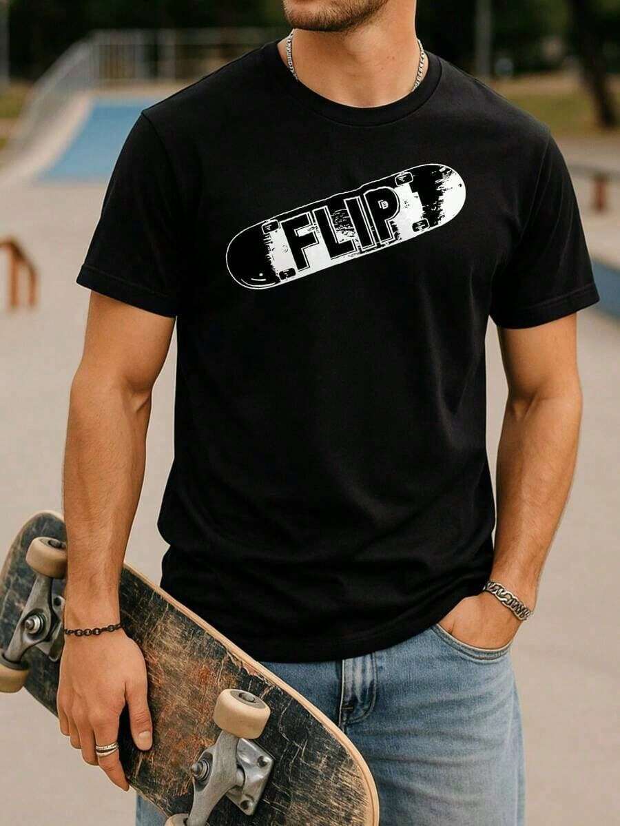2026 New Men's Skateboard Graphic T-Shirt, Featuring A Flipped Letter Print Paired With A Skateboard Graphic, A Casual Skateboard-Style T-Shirt.